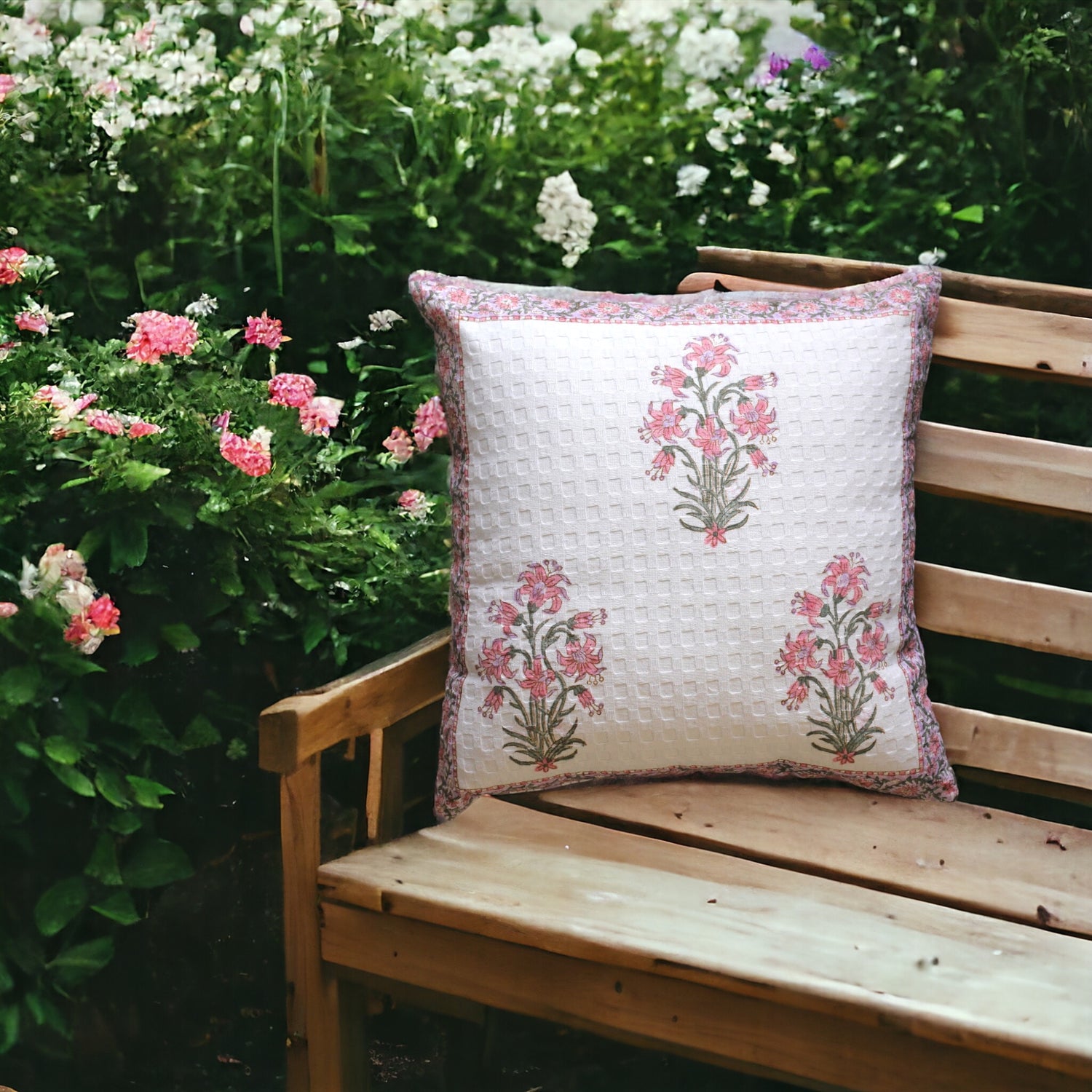 Pink Flower Waffle Cushion Cover