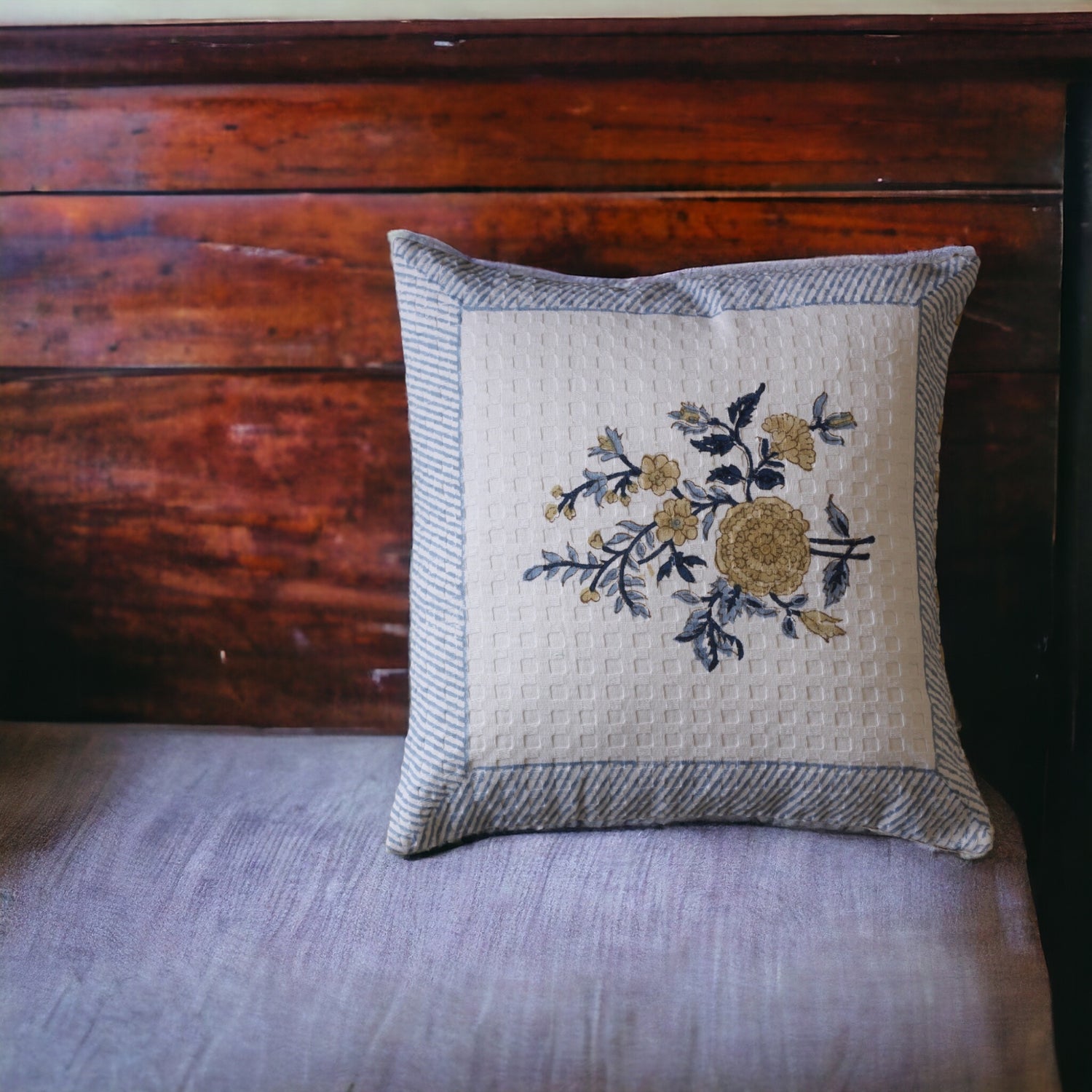 Blue Flower Waffle Cushion Cover