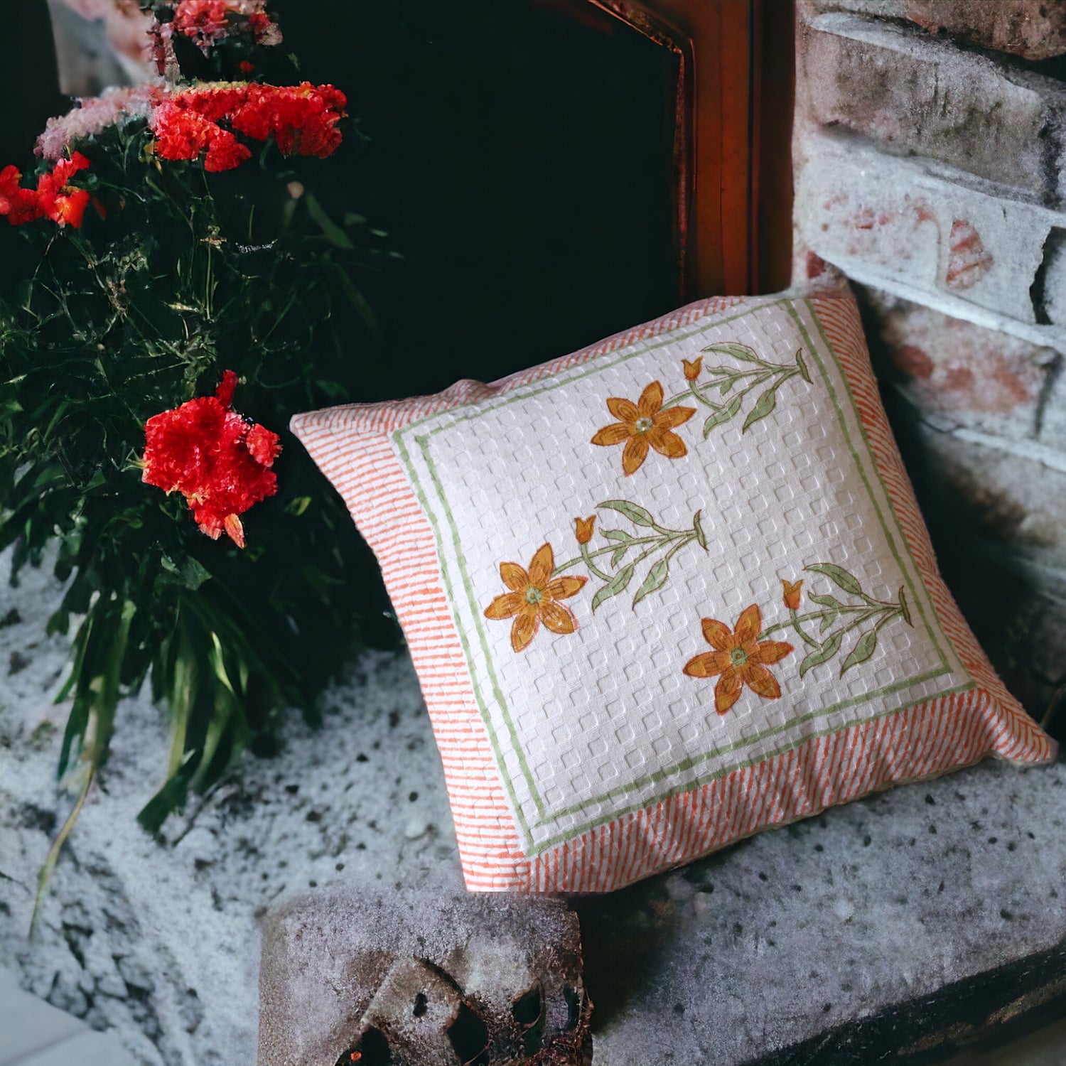 Orange Flower Waffle Cushion Cover
