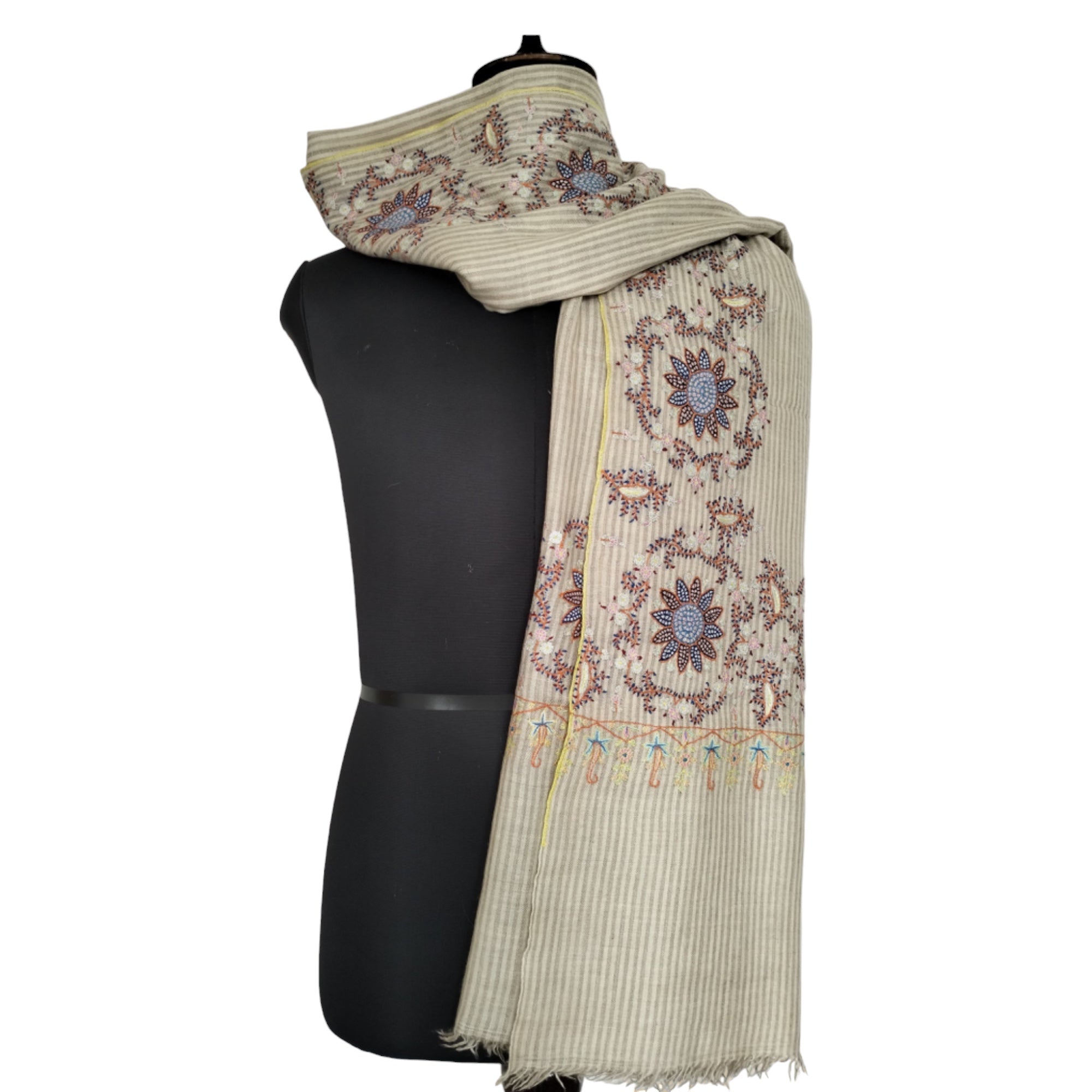 Handmade Kashmiri White & Tan Pashmina