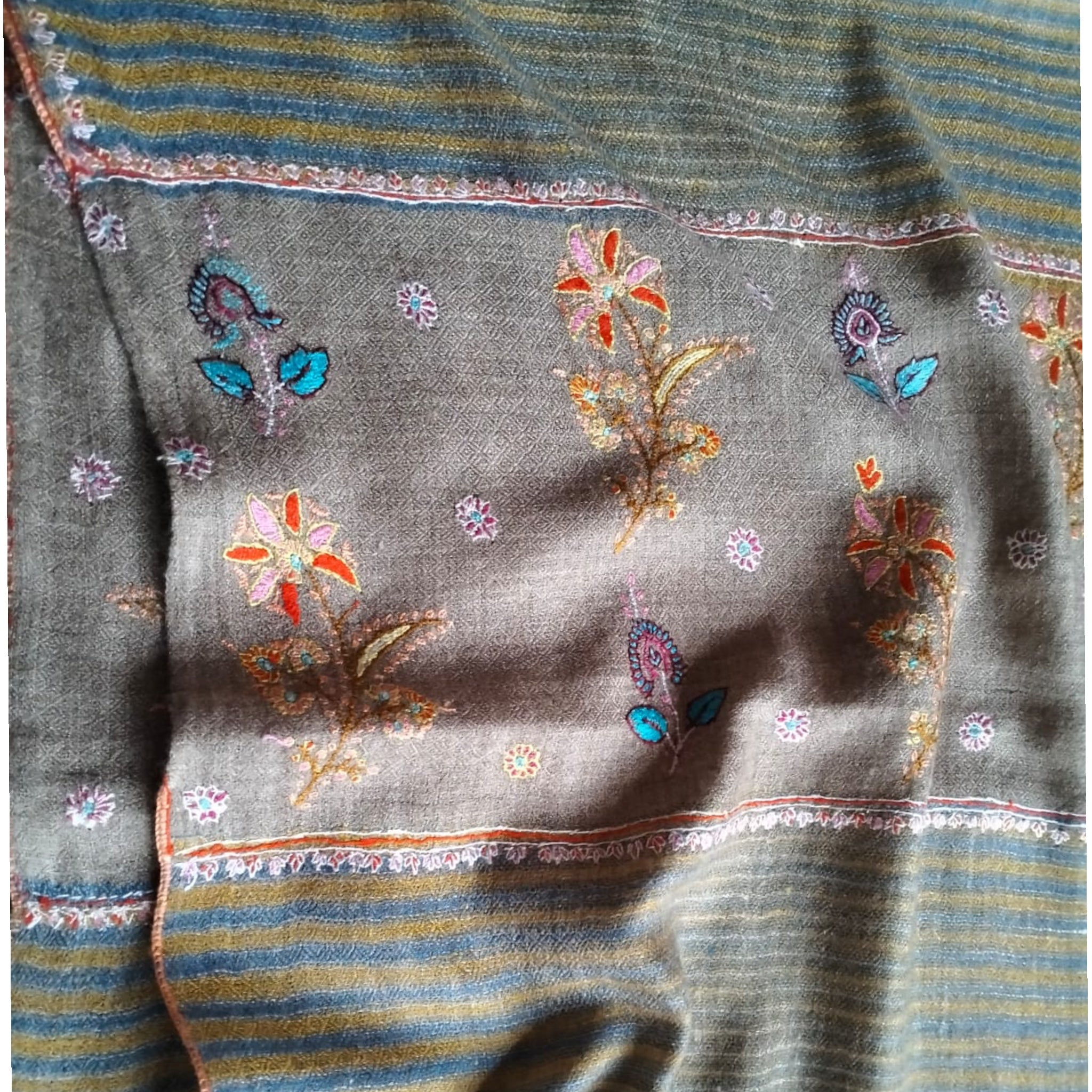 Hand Embroidered Gold Zari Ikat Pashmina