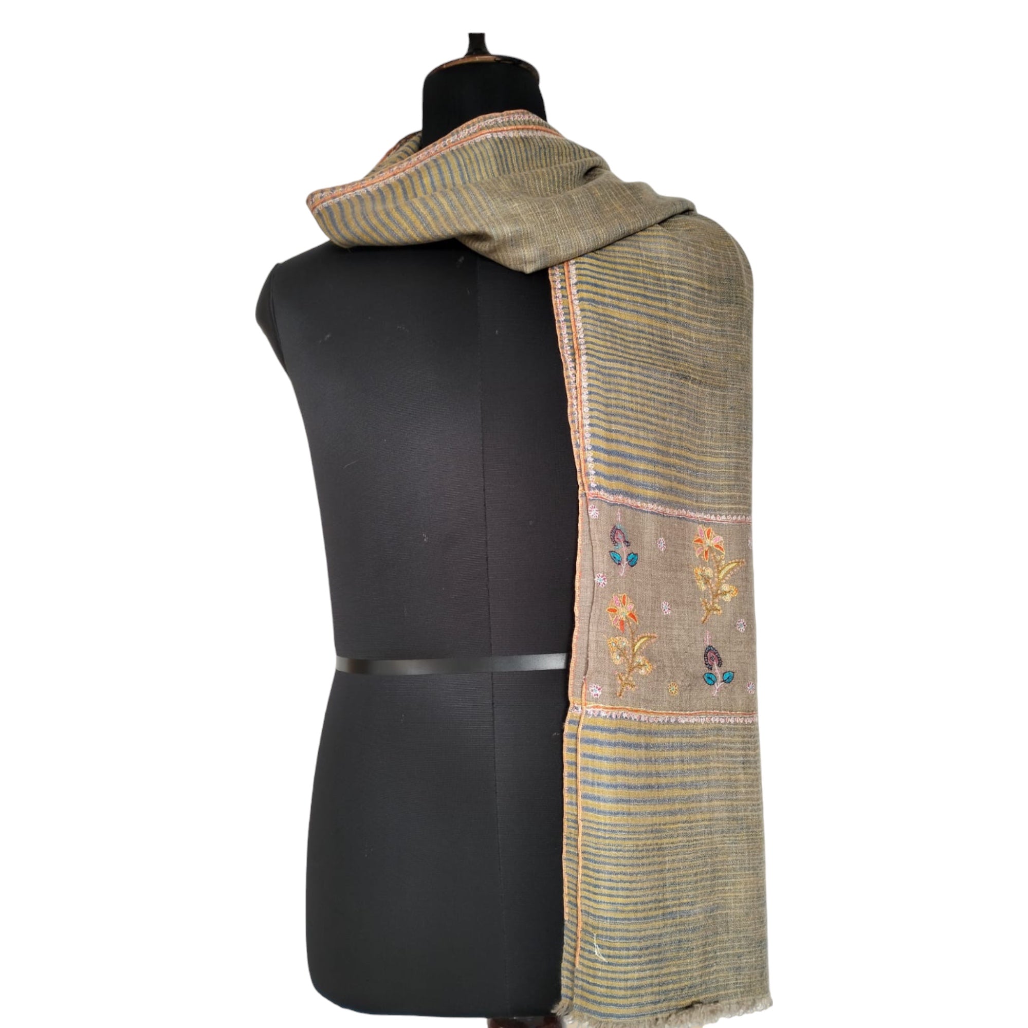 Hand Embroidered Gold Zari Ikat Pashmina