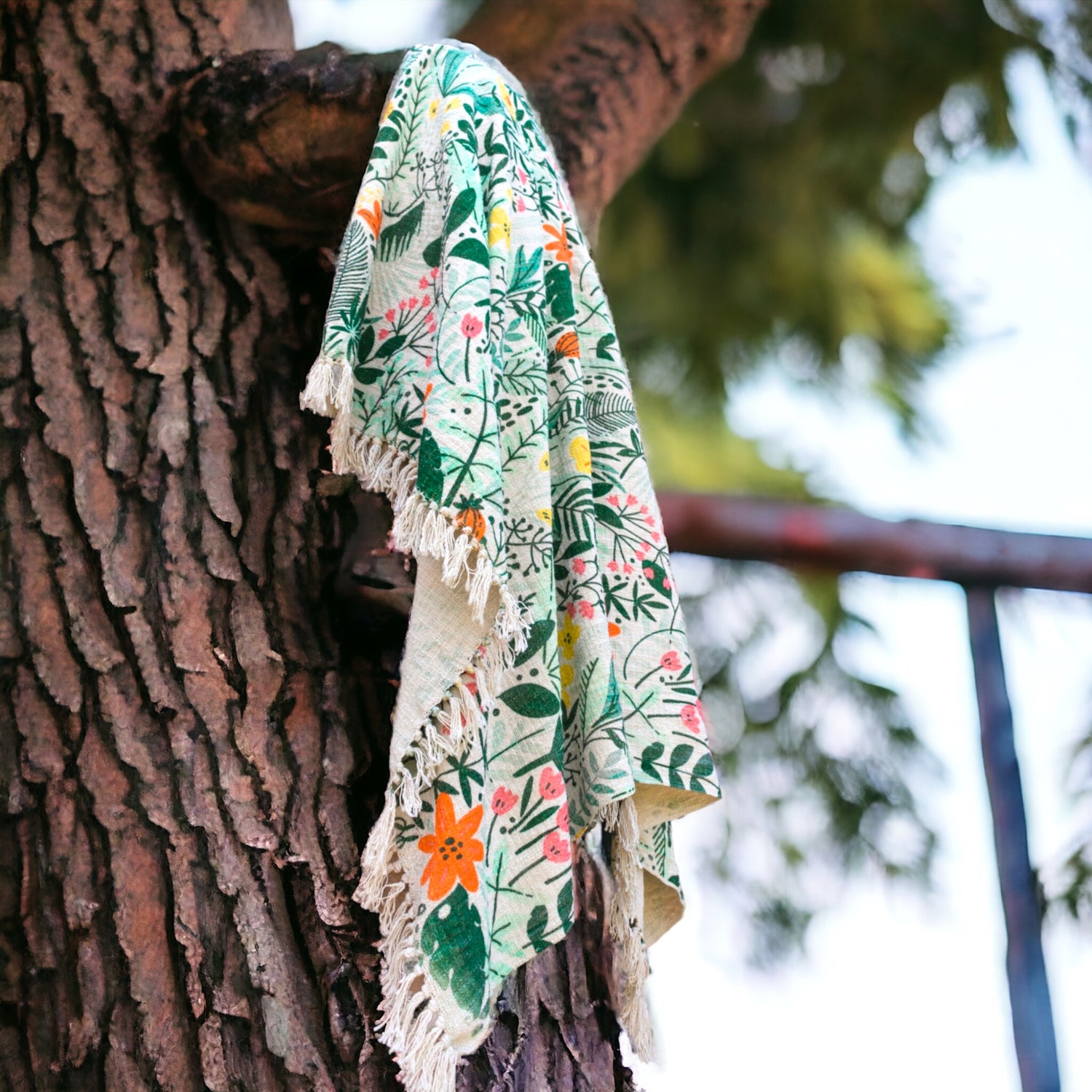 Natural Cotton Green Digital Print Sofa Throw