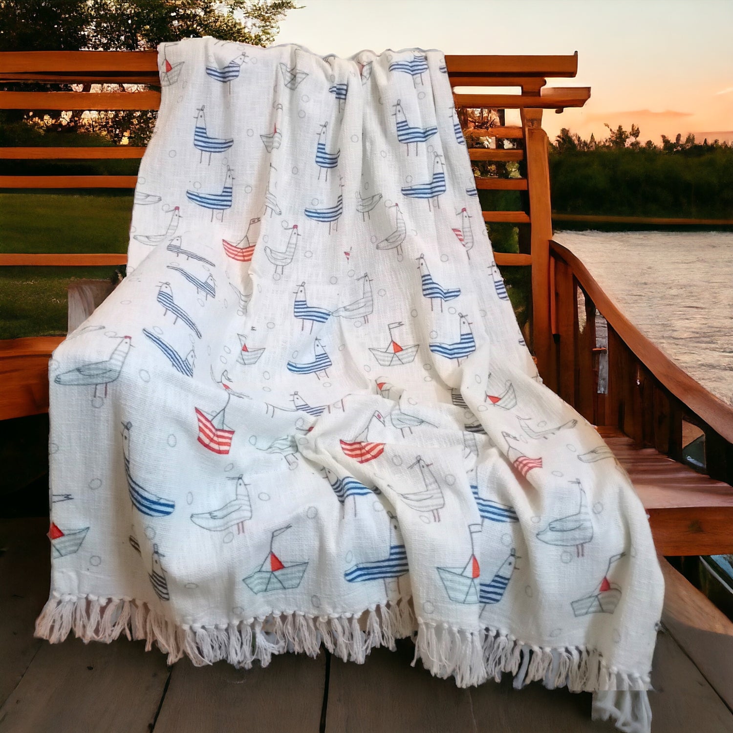 Natural Cotton Blue Sailor Digital Print Sofa Throw