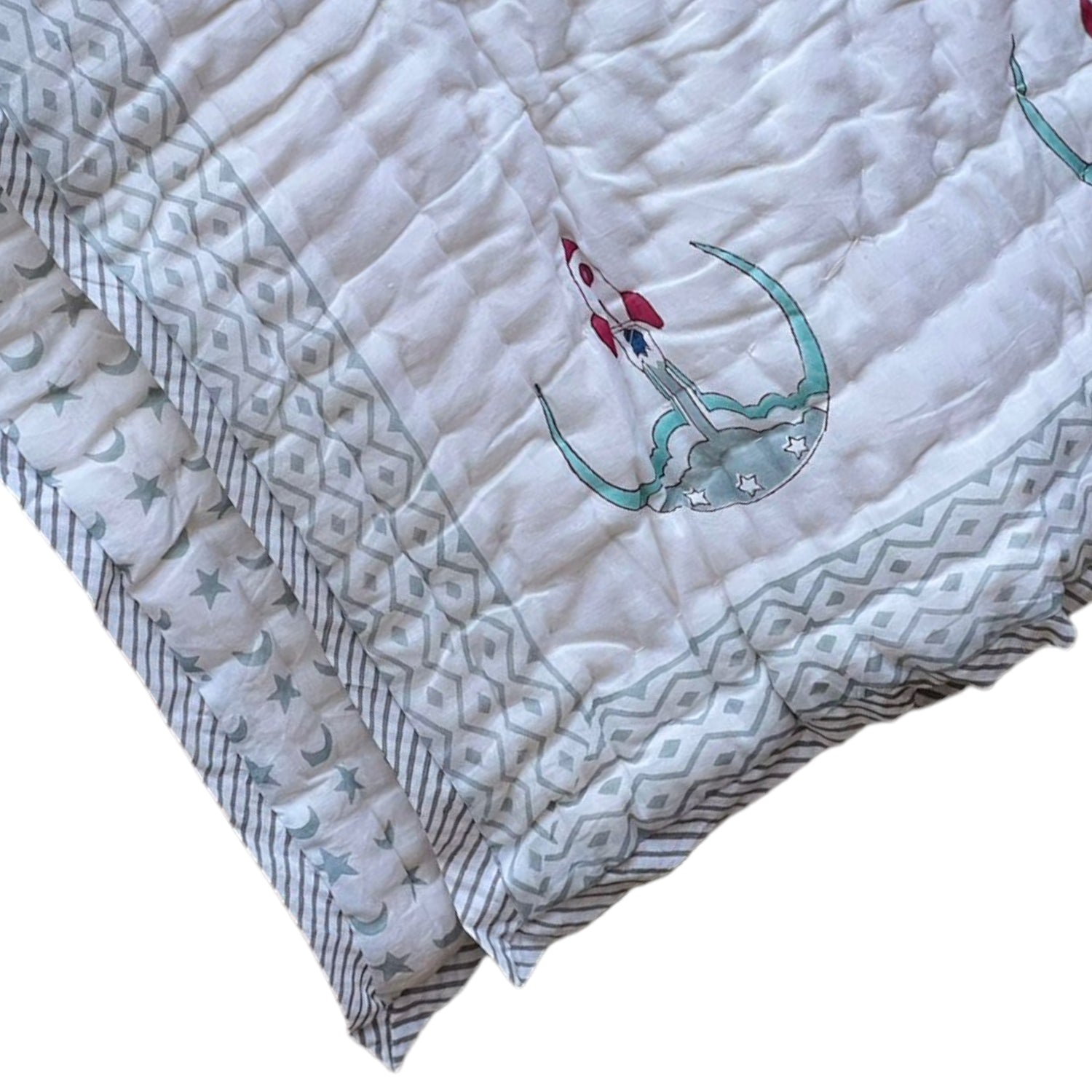 Lightweight Handblock Rocket reversible Baby Quilt