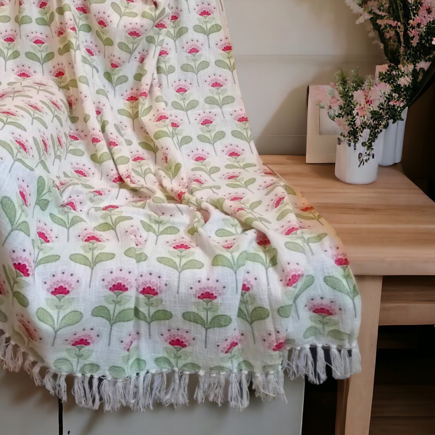 Natural Cotton Blossom Digital Print Sofa Throw