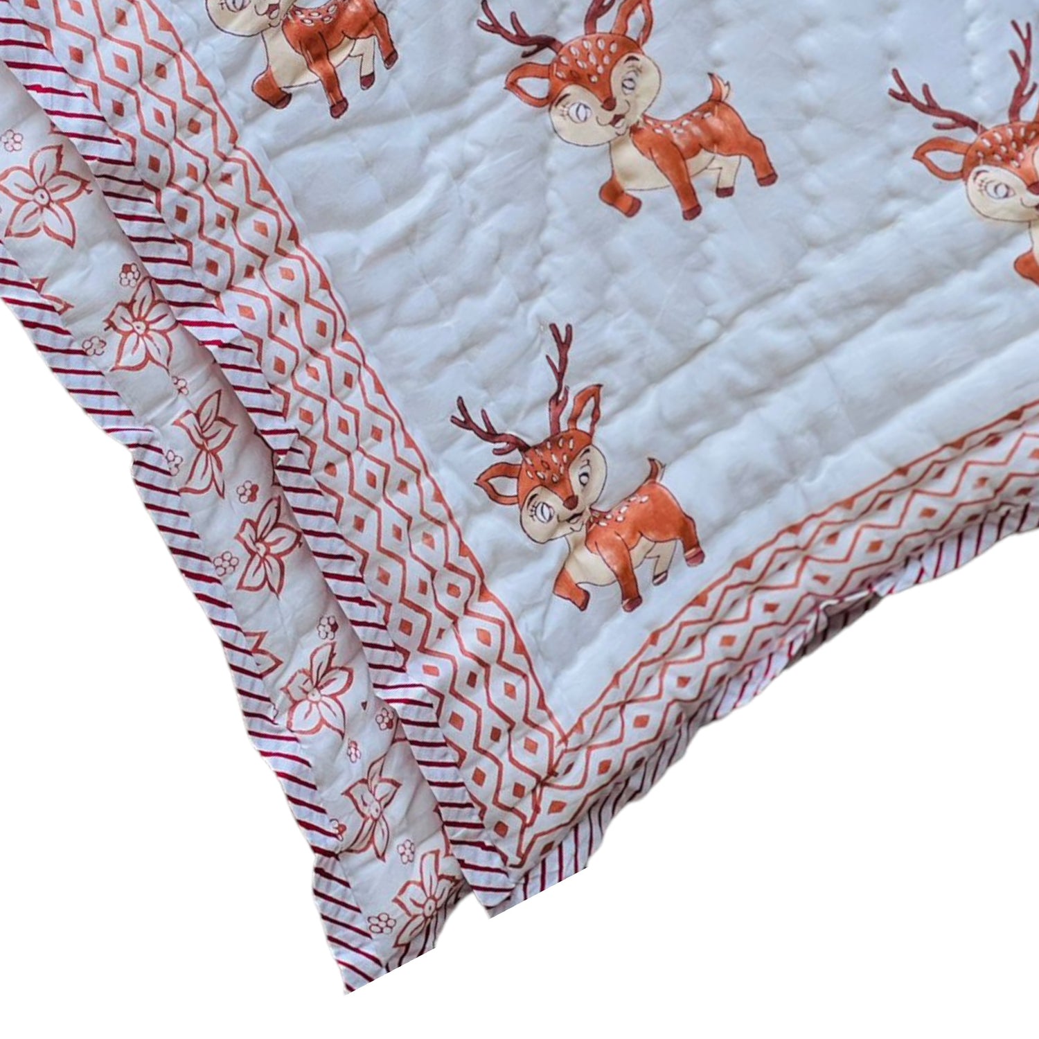 Lightweight Handblock Reindeer Print Reversible Baby Quilt