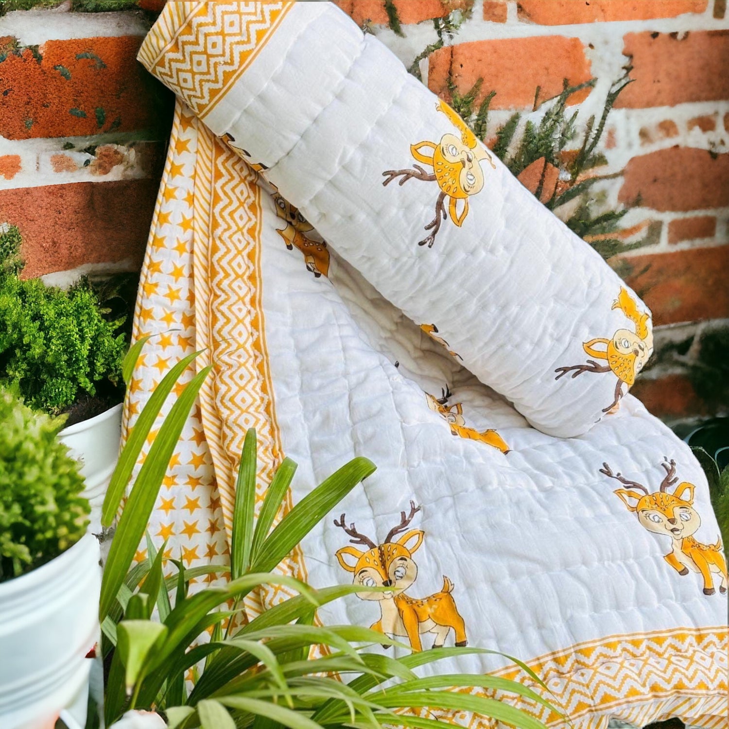 Lightweight Handblock Deer Reindeer Print Reversible Baby Quilt