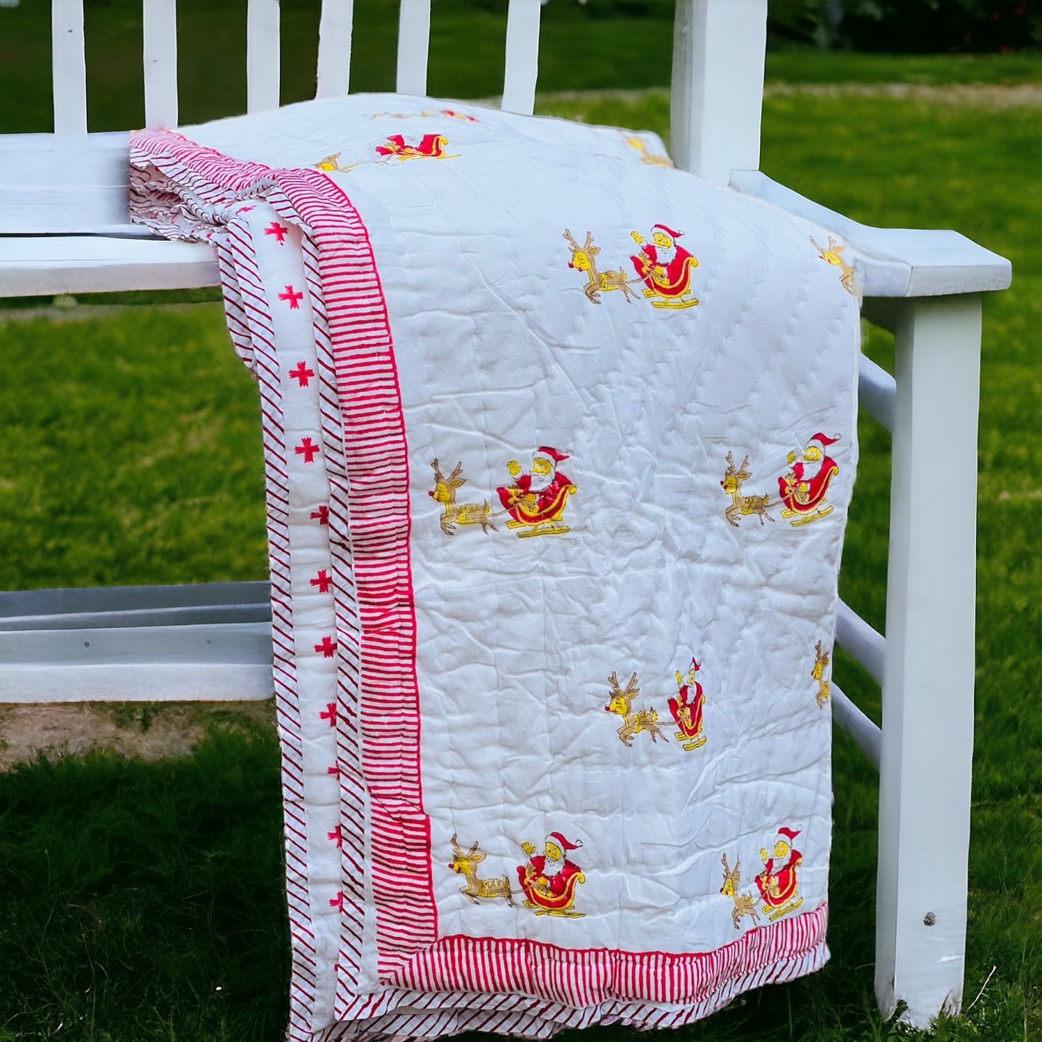 Lightweight Handblock Xmas Reversible Baby Quilt