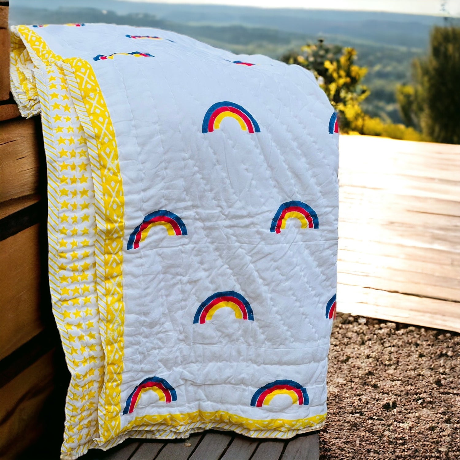 Lightweight Handblock Rainbow Print Reversible Baby Quilt