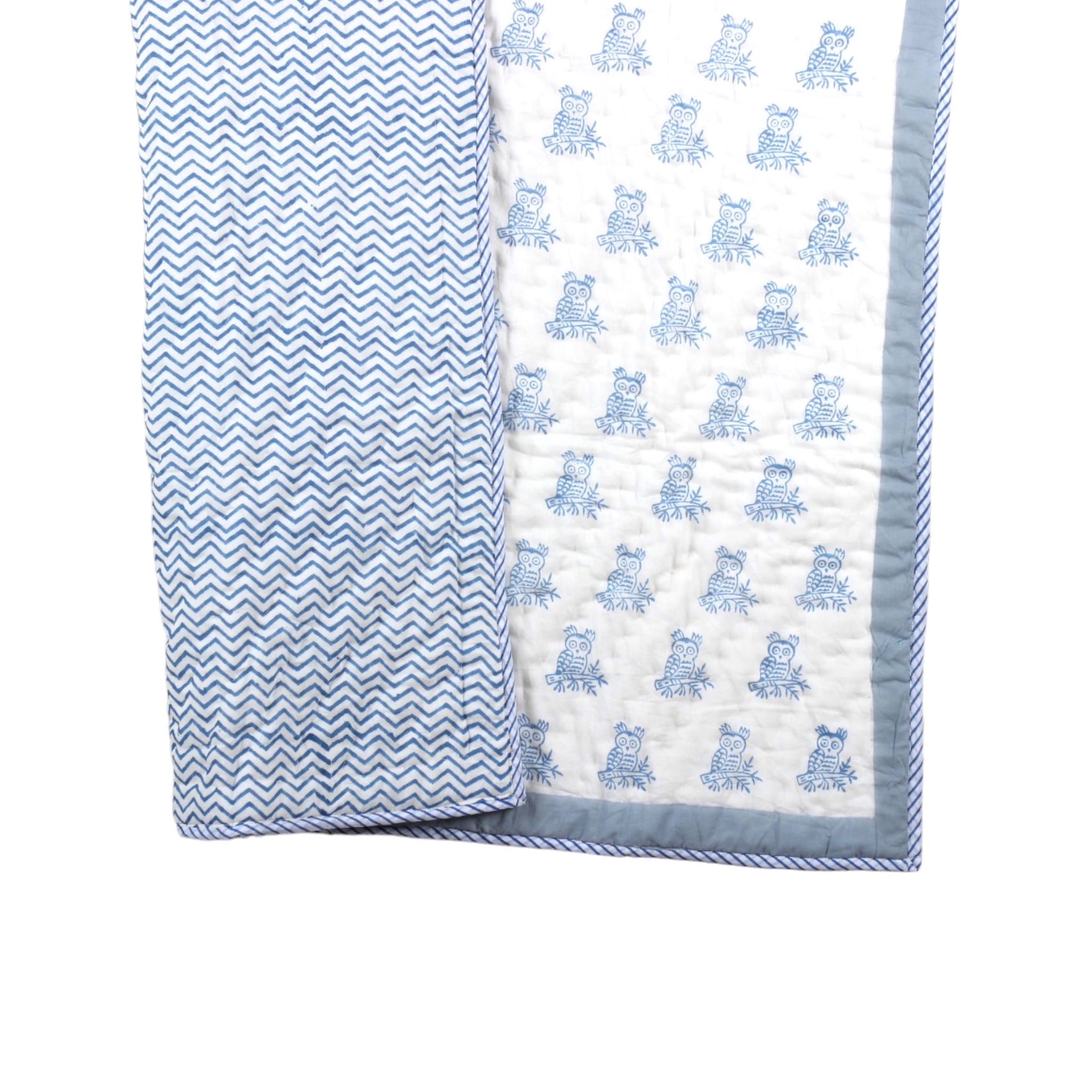 Handblock Printed Blue Owl Kids Reversible Baby Quilt