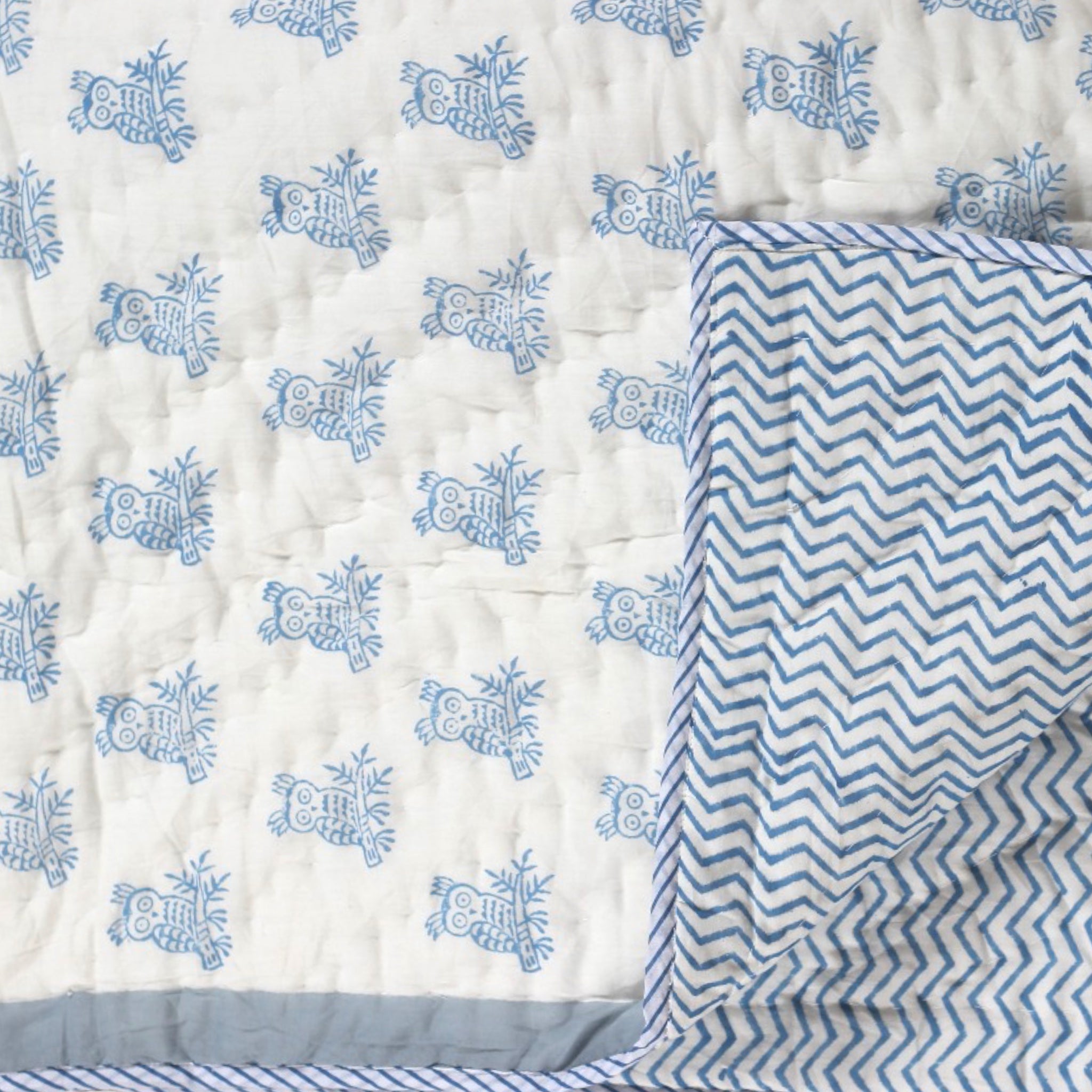 Handblock Printed Blue Owl Kids Reversible Baby Quilt