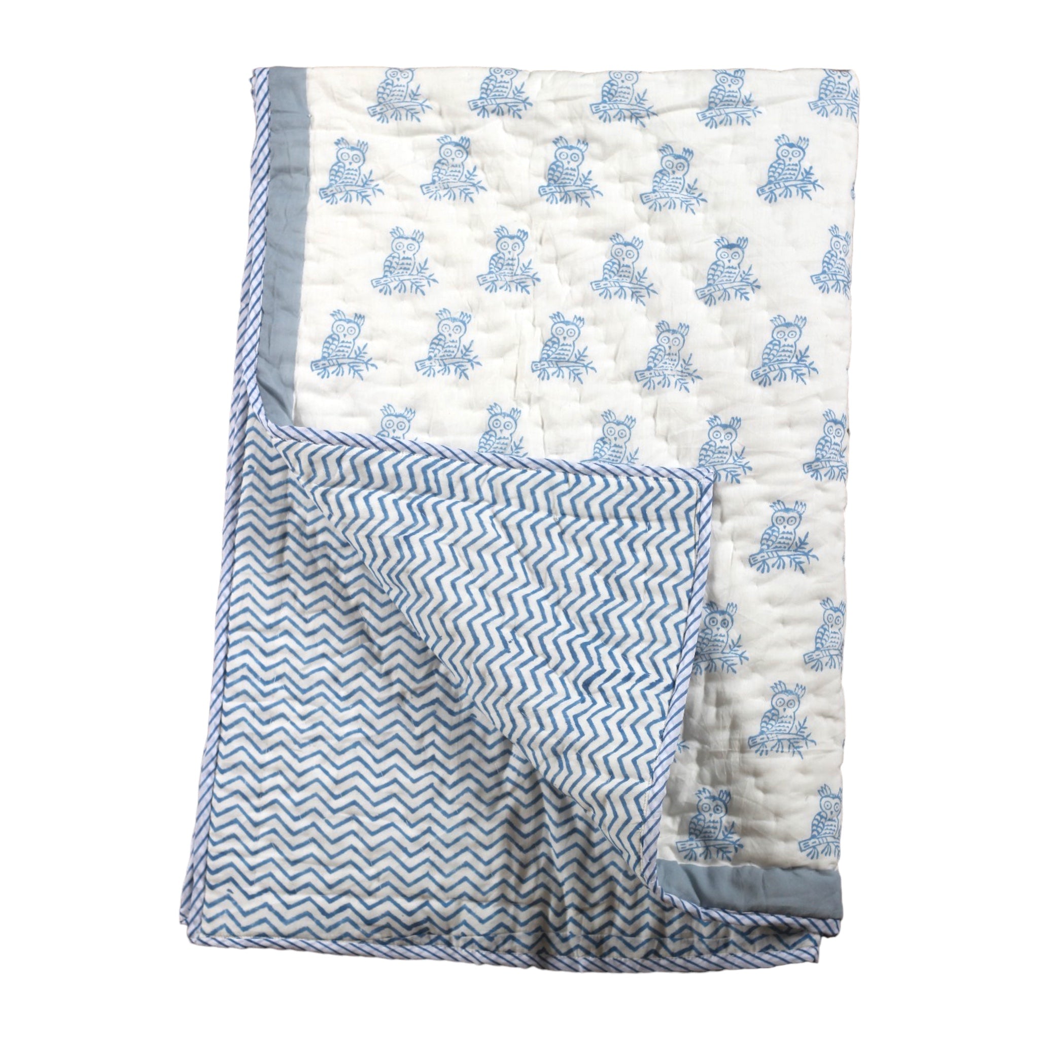 Handblock Printed Blue Owl Kids Reversible Baby Quilt