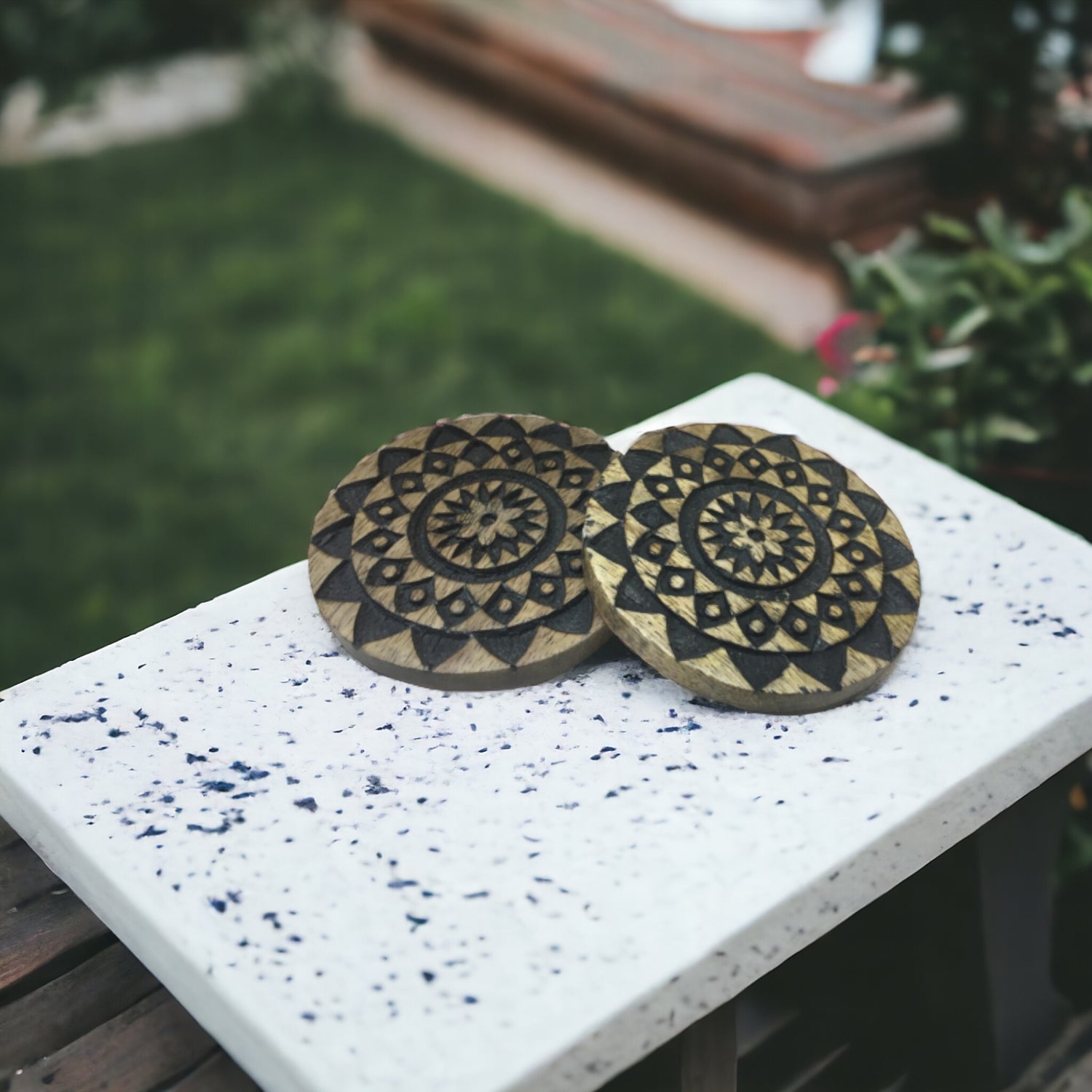 Carved Mango Wood Coaster Set