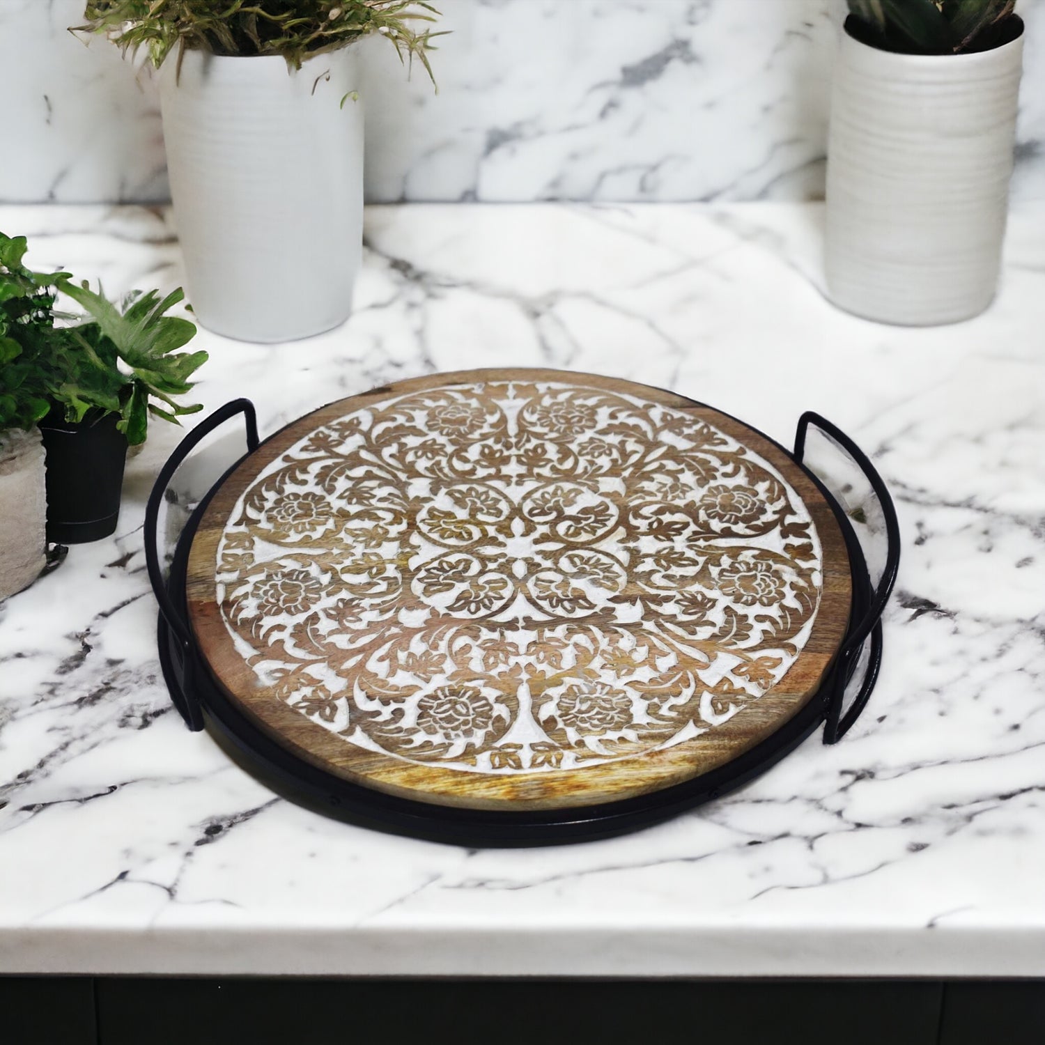 Round Wooden Carved Tray with Metal Handle