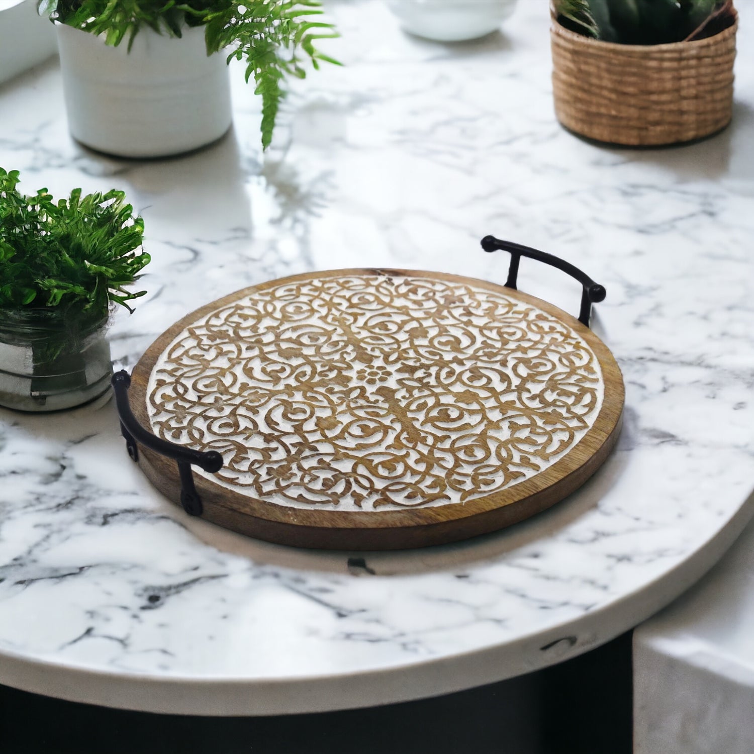 Wooden Round Carved Tray with Metal Handle