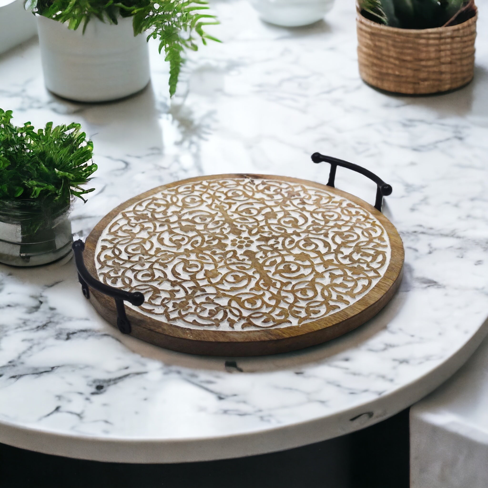 Wooden Round Carved Tray with Metal Handle