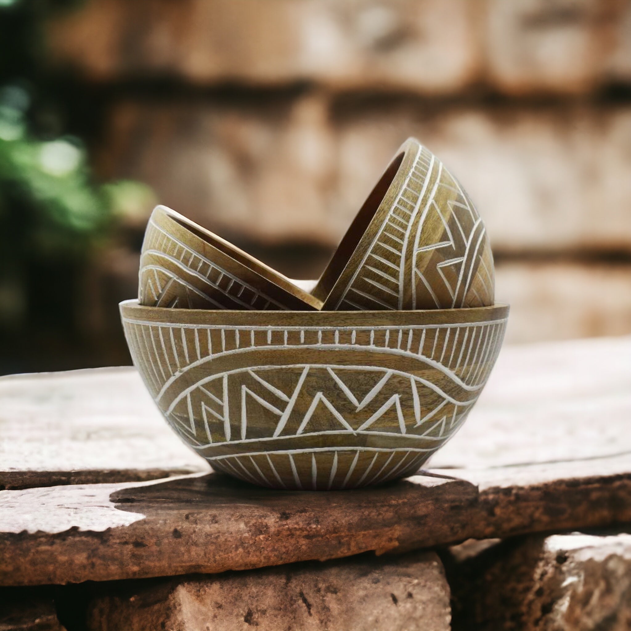 Wooden Zigzag Carved Bowl Set of 3