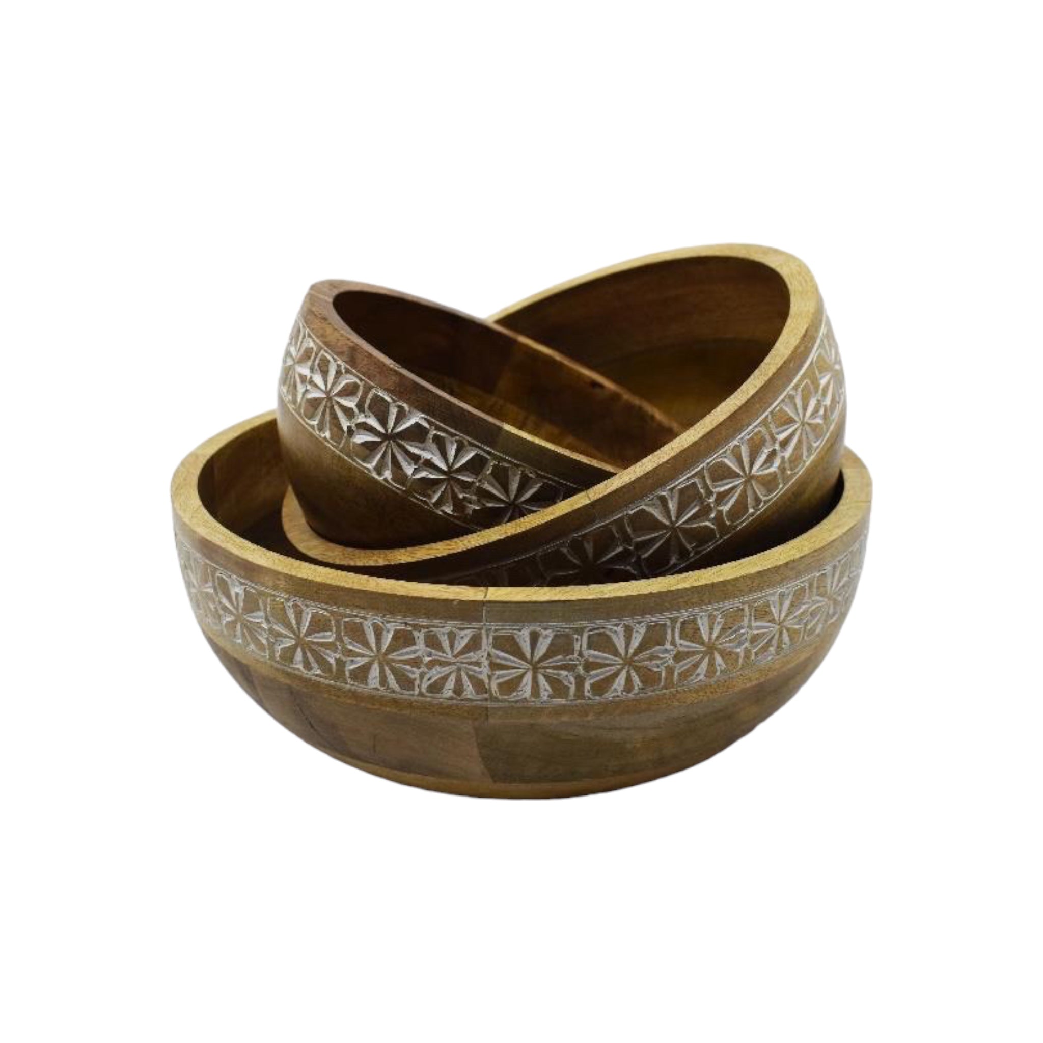 Mango Wood Carved Bowl Set of 3