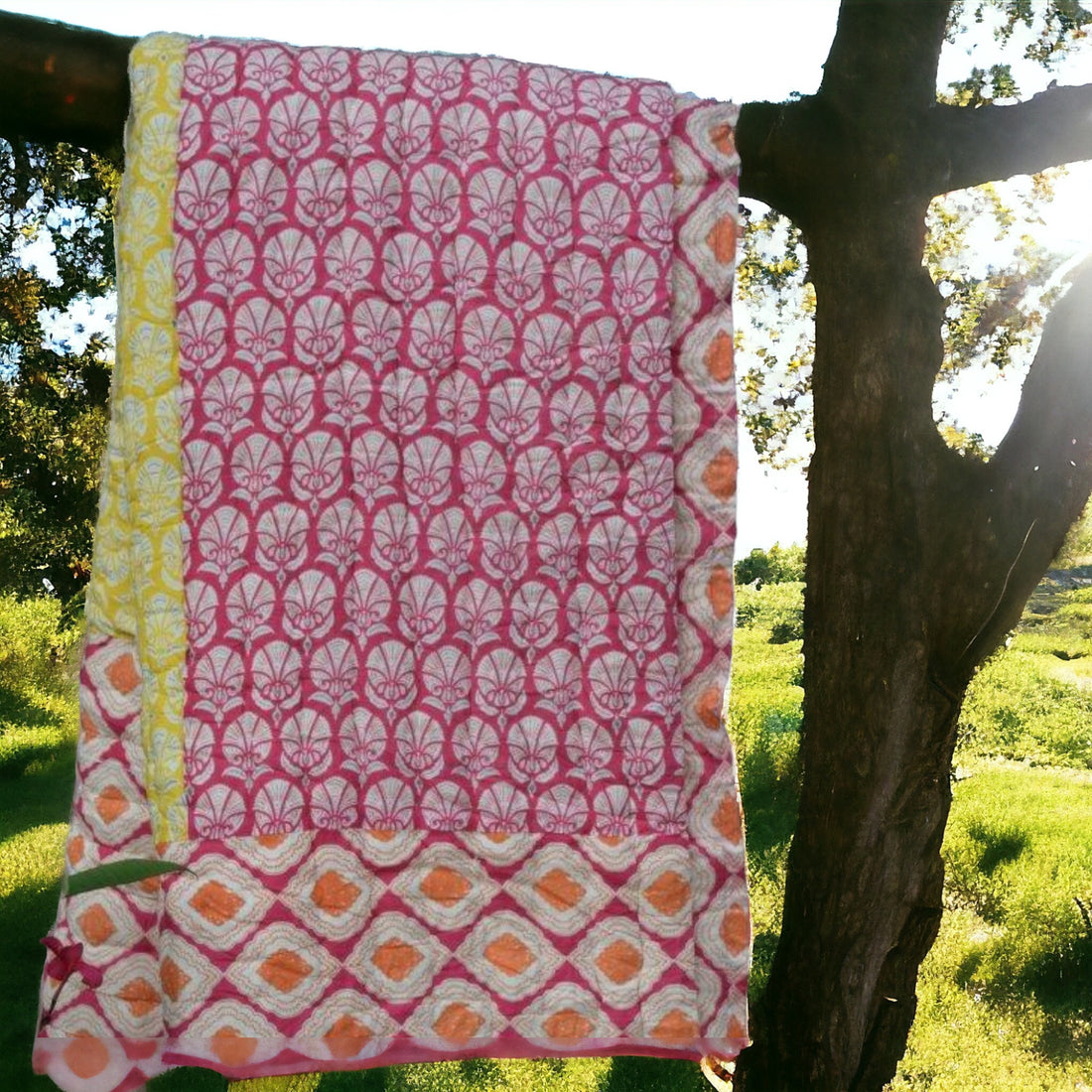 Cotton Lightweight Pink Yellow Printed Quilt