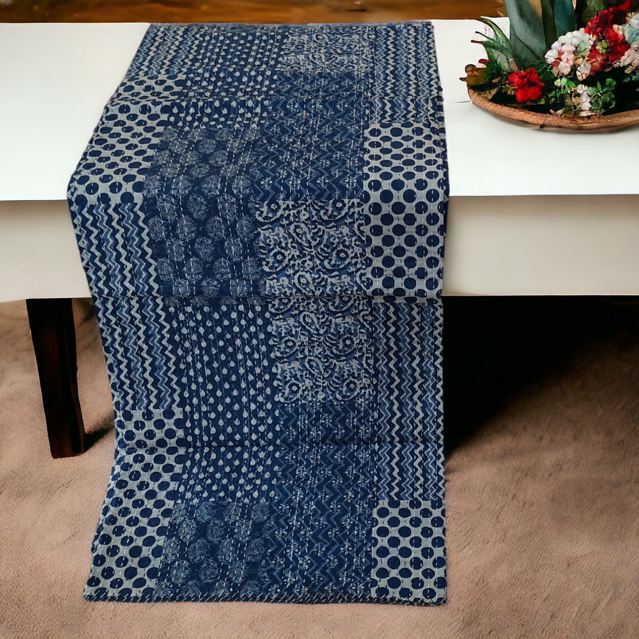 Indigo Blue Cotton Embroidered Kantha Blanket