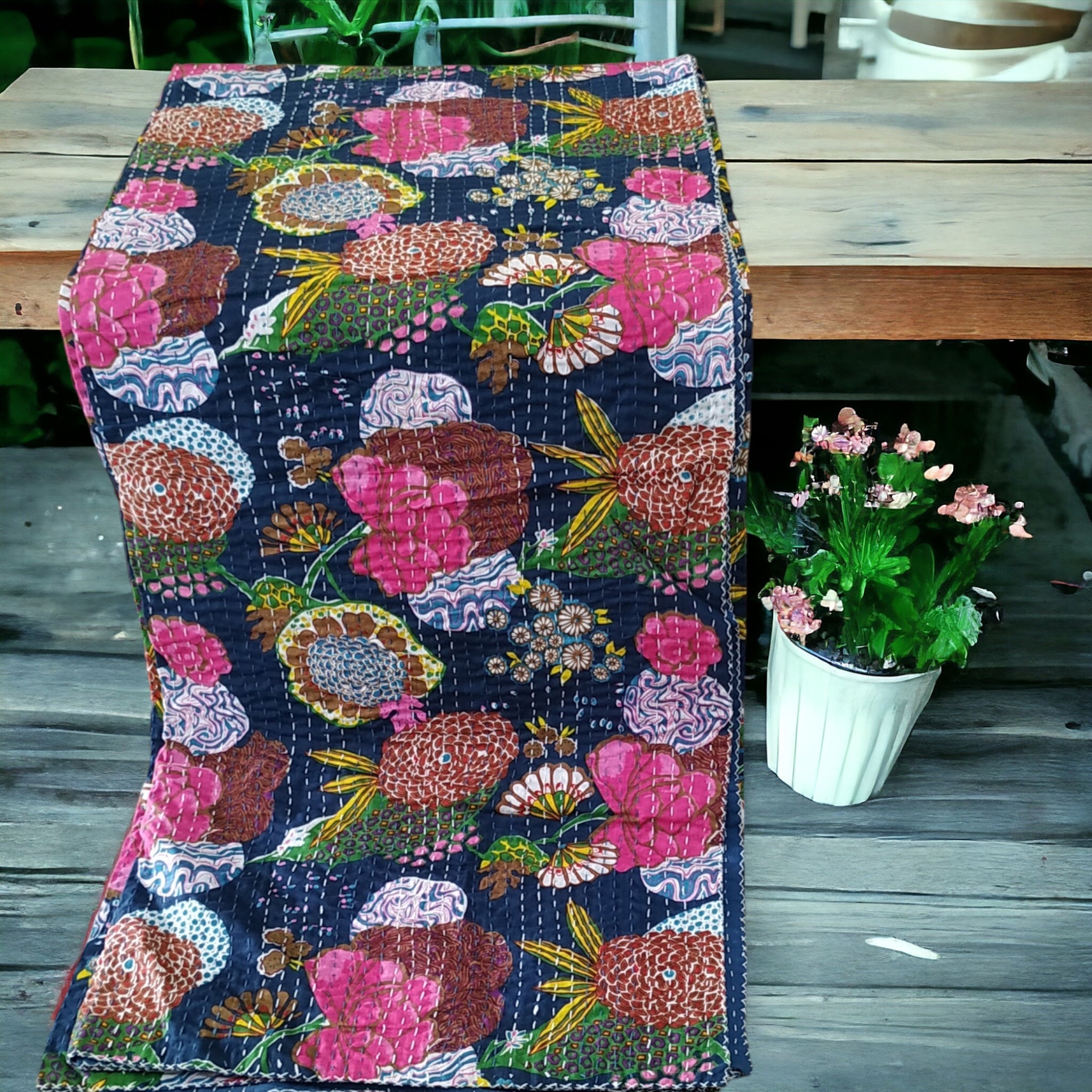 Blue Garden Cotton Embroidered Kantha Blanket