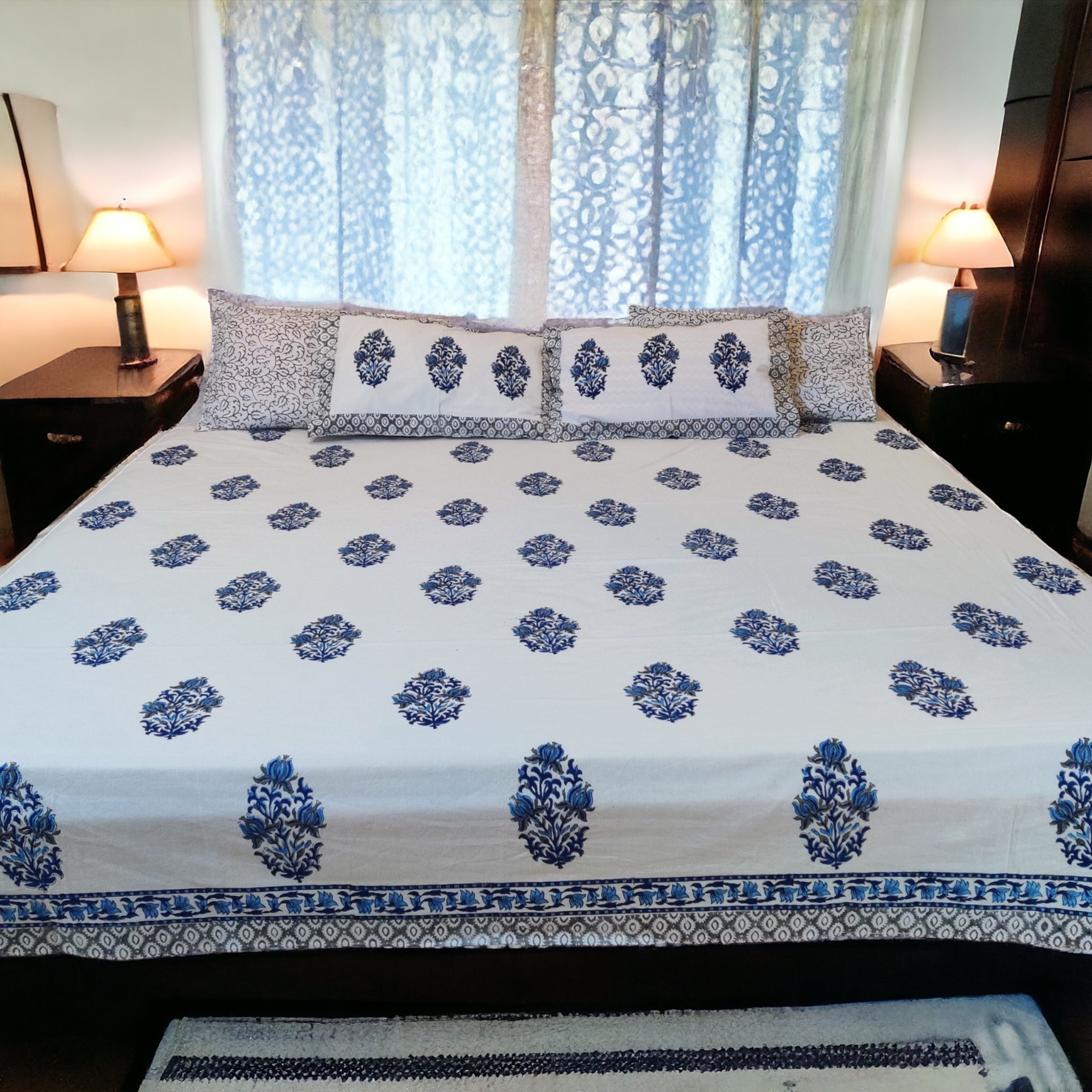 Pure Cotton Blockprint Blue White Bedsheet