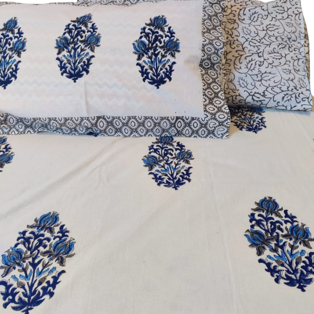 Pure Cotton Blockprint Blue White Bedsheet