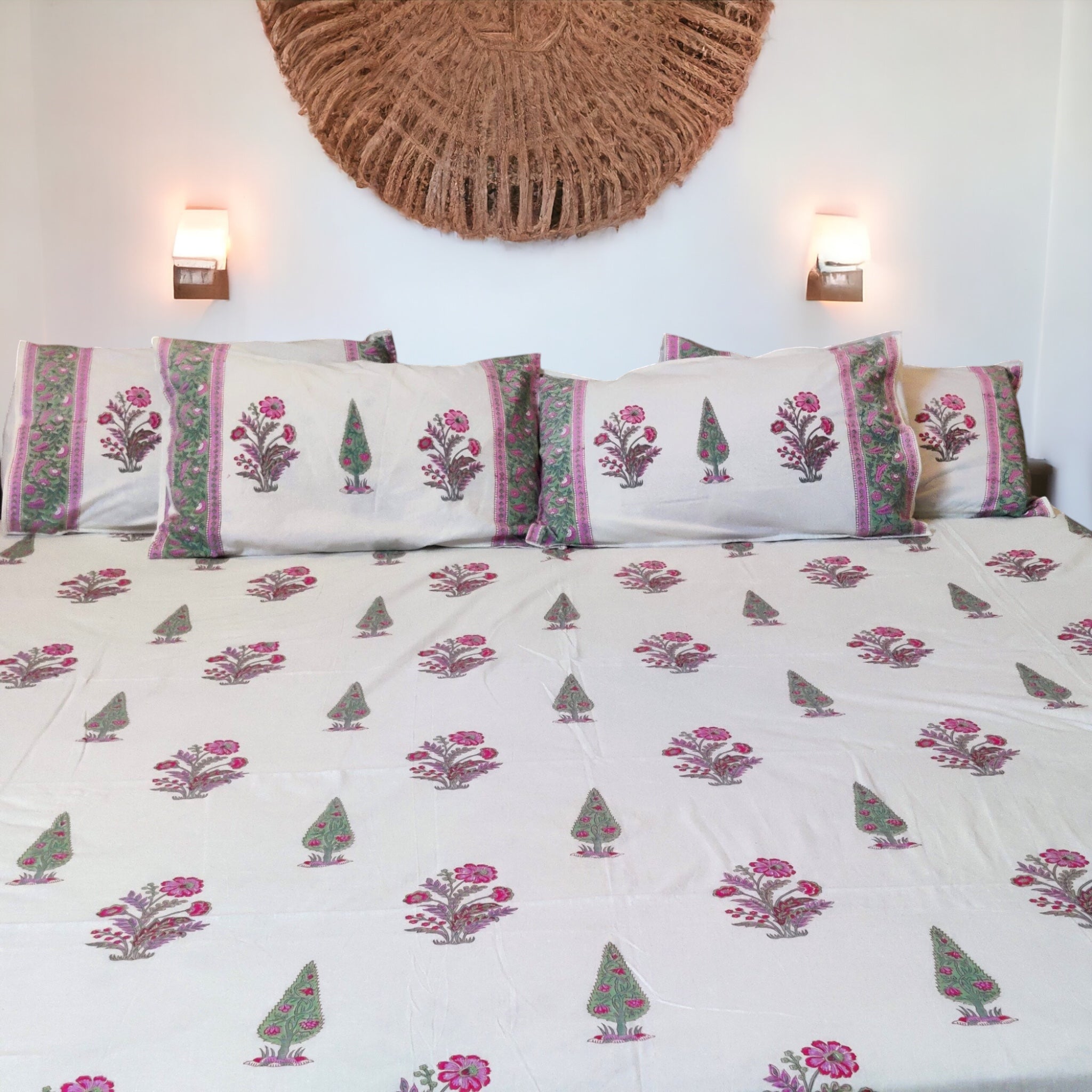 Pure Cotton Blockprint White Pink Bedsheet