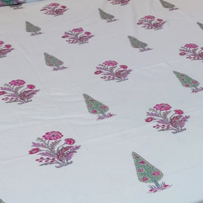 Pure Cotton Blockprint White Pink Bedsheet