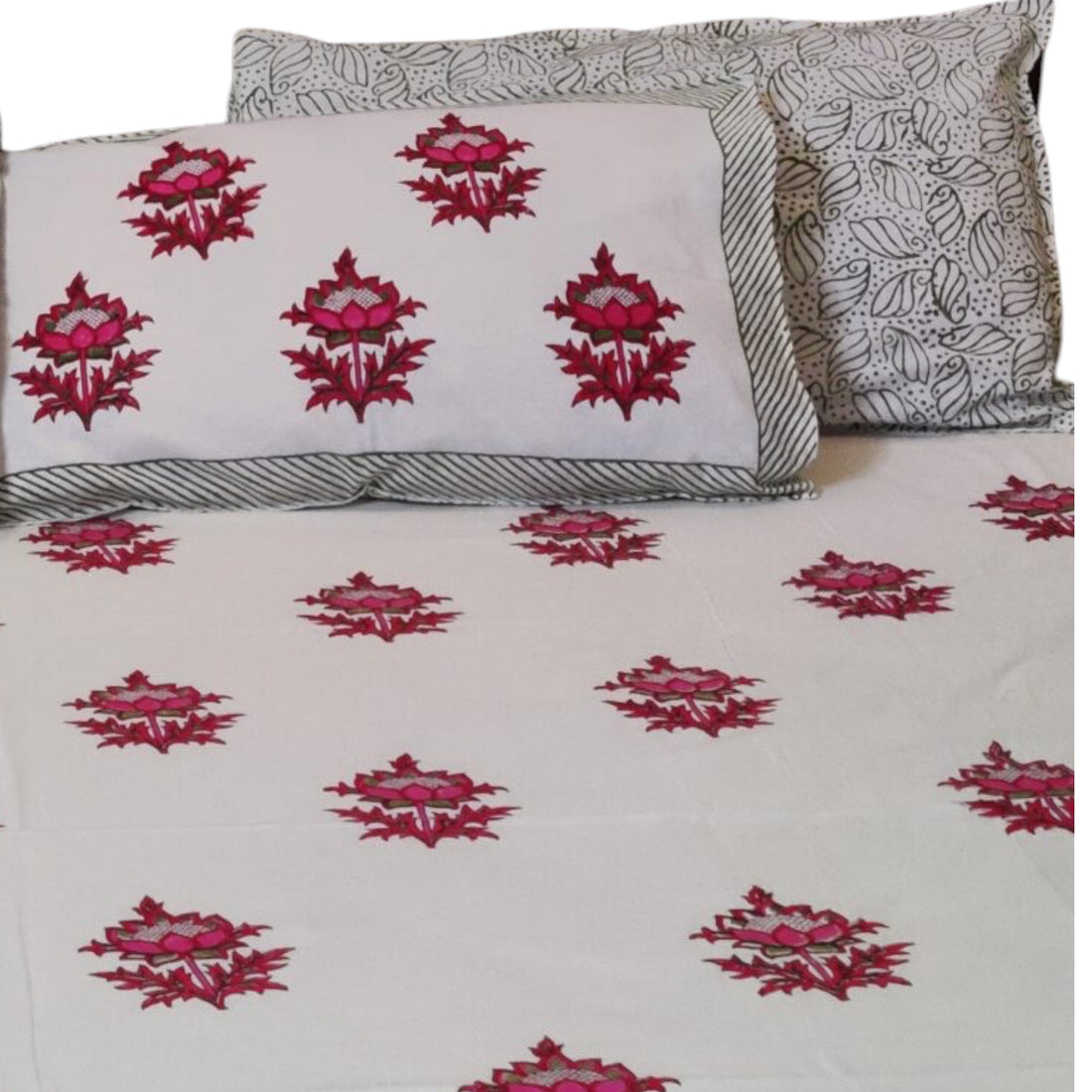 Pure Cotton Handblock Grey Pink Bedsheet