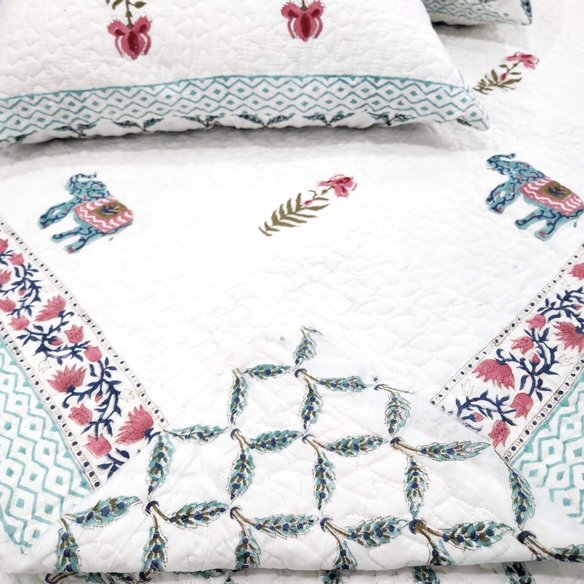 Cotton Elephant Motif Handblock Quilted Bedcover