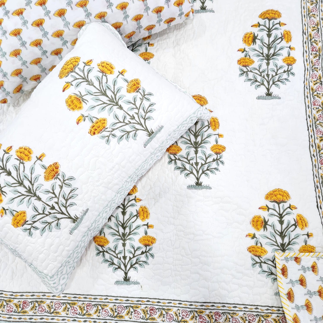 Cotton Yellow Tree Handblock Quilted Bedcover