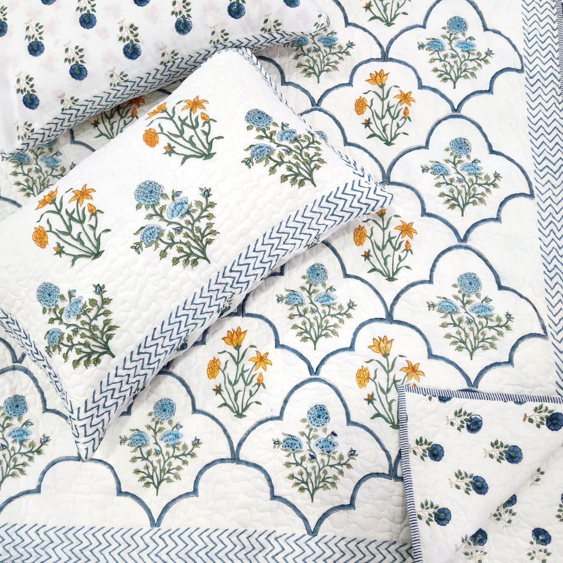 Cotton Blue Yellow Handblock Quilted Bedcover