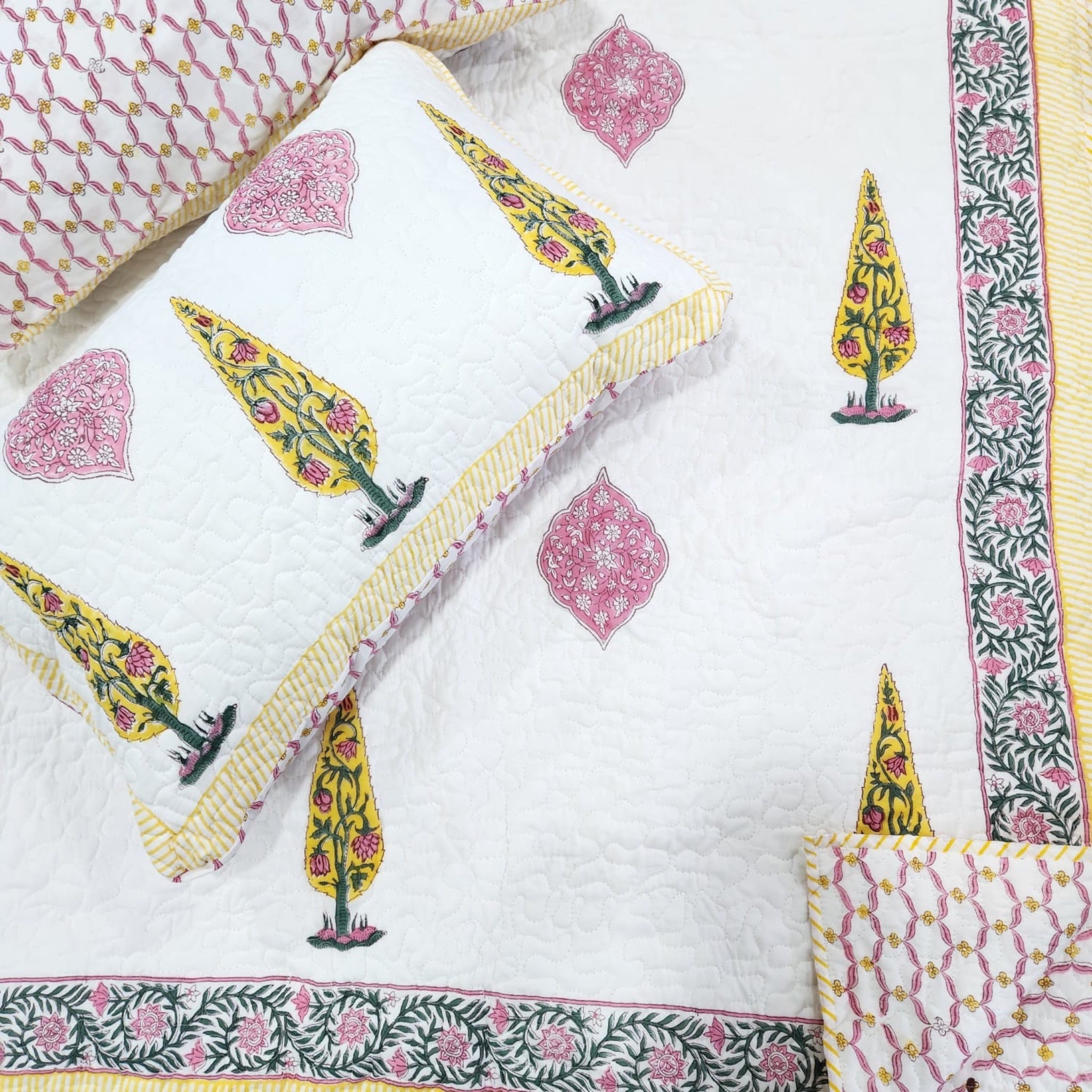 Pink Yellow Handblock Quilted Bedcover