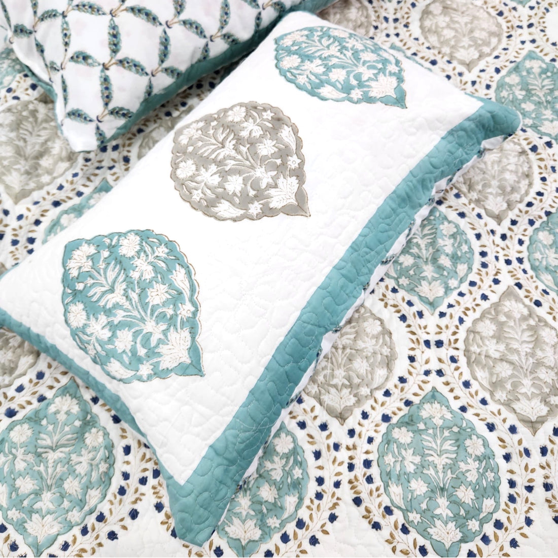 Teal Grey Cotton Handblock Quilted Bedcover