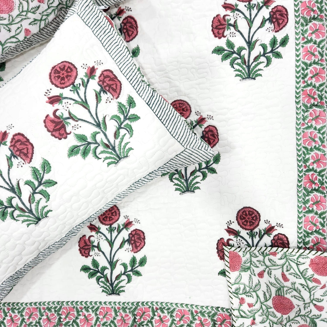 Red Floral Cotton Handblock Quilted Bedcover