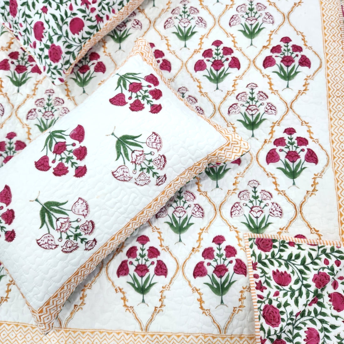 White Red Floral Cotton Handblock Quilted Bedcover