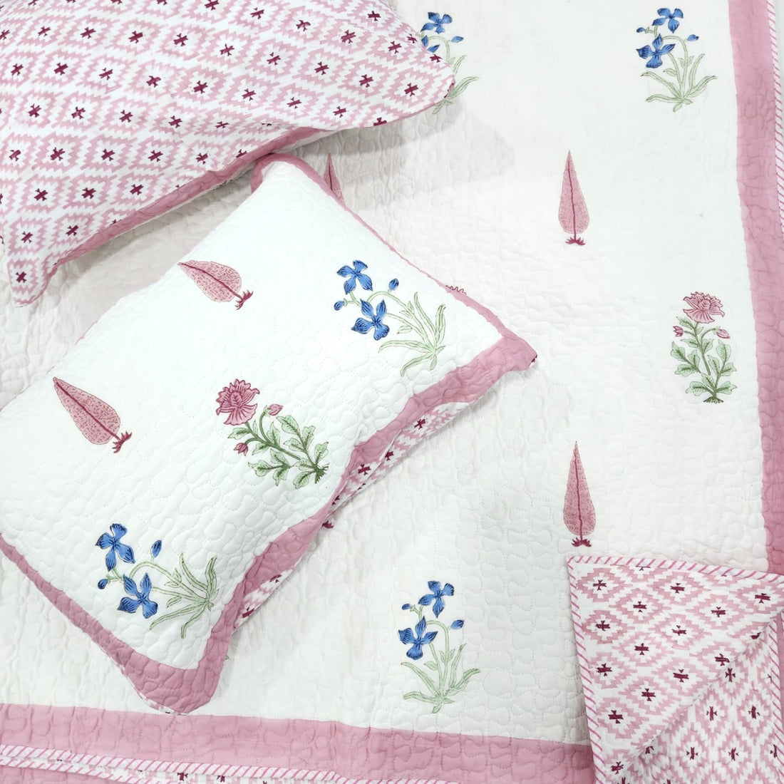 White Pink Floral Cotton Handblock Quilted Bedcover