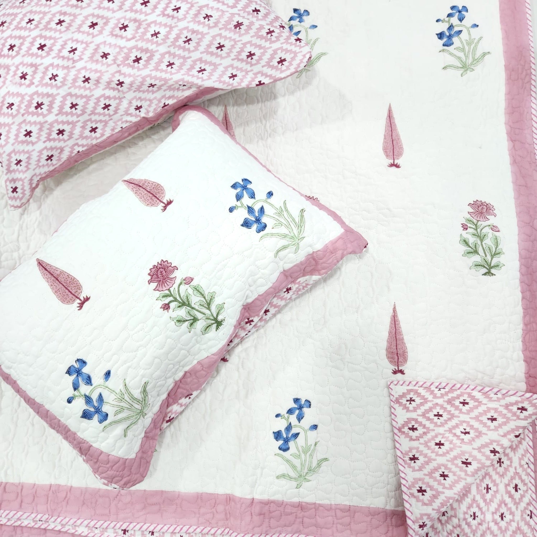 White Pink Floral Cotton Handblock Quilted Bedcover