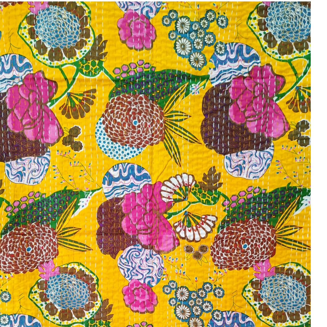 Yellow Garden Cotton Embroidered Kantha Blanket