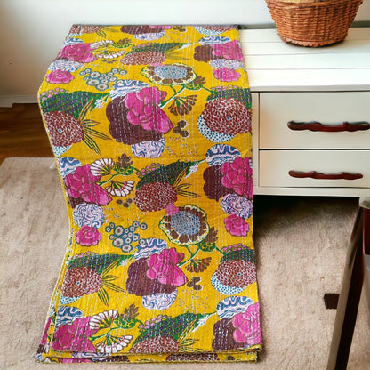 Yellow Garden Cotton Embroidered Kantha Blanket