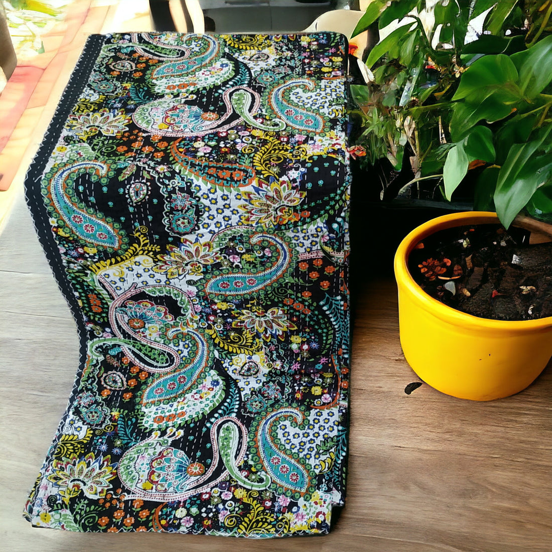 Dark Green Cotton Embroidered Kantha Blanket