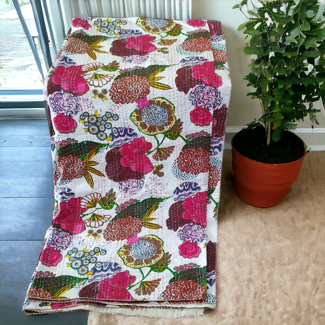 White Floral Cotton Embroidered Kantha Blanket