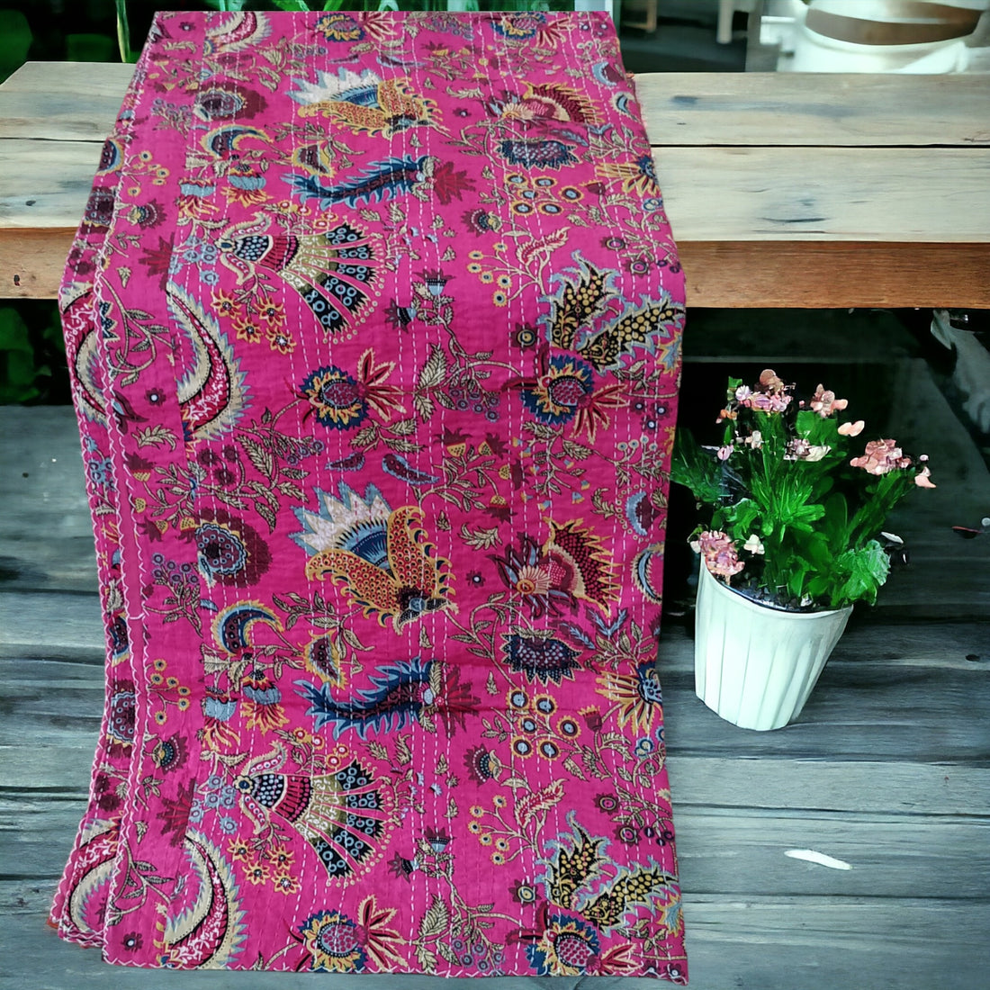Pink Garden Cotton Embroidered Kantha Blanket