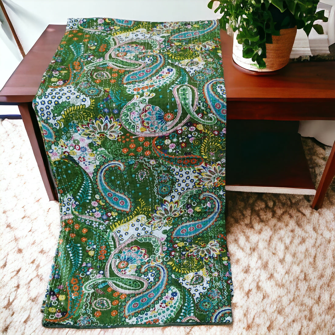 Green Paisley Cotton Embroidered Kantha Blanket