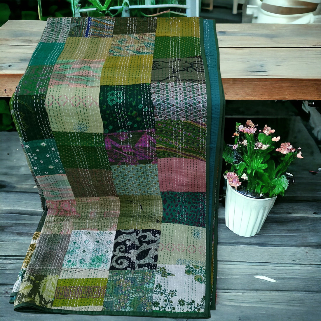 Green MulticolorCotton Embroidered Kantha Blanket