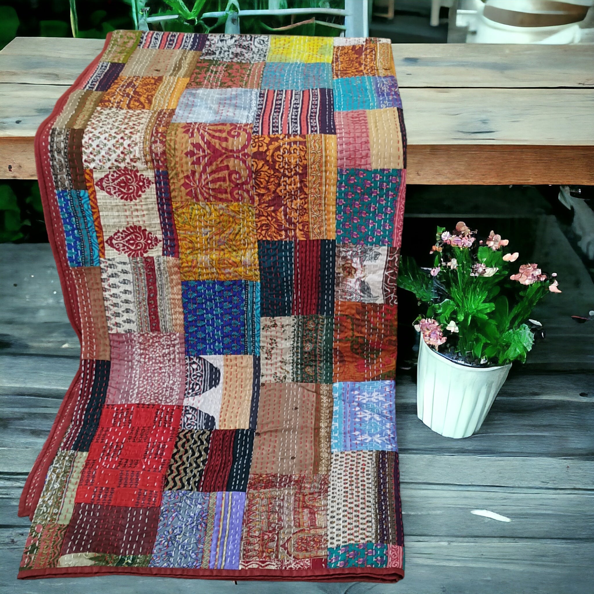 Multicolor Cotton Embroidered Kantha Blanket