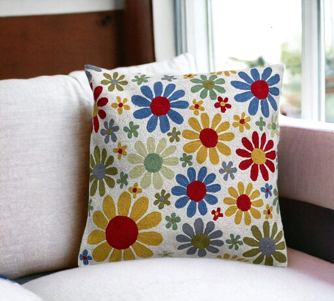 Floral Crewel Wool Cushion Cover