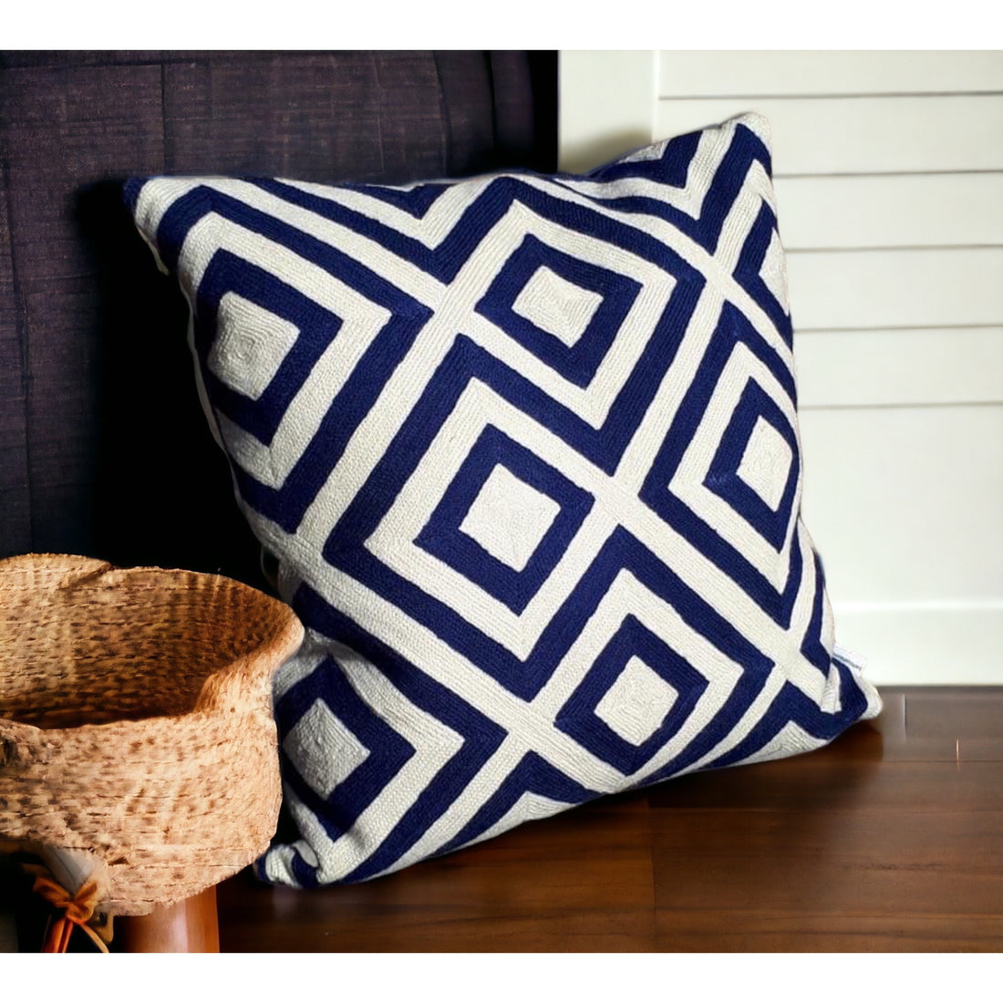Blue Abstract Crewel Wool Cushion Cover